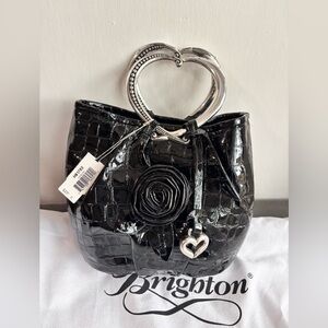 NWT Brighton “Angelina” Patent Leather Croc Embossed Black Purse Heart Handles
